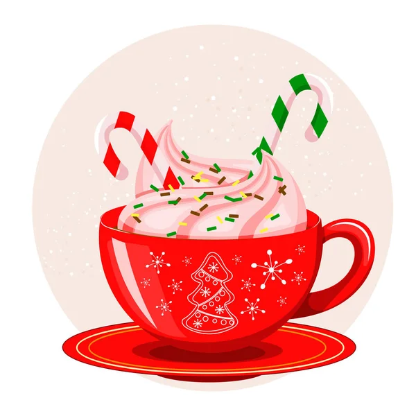Vector Illustration Acute Cup Cream Candy Canes White Background — Stock Vector