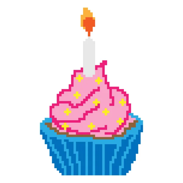 Ένα Επεξεργάσιμο Pixel Art Ενός Muffin Ένα Ροζ Κεράκι Και — Διανυσματικό Αρχείο