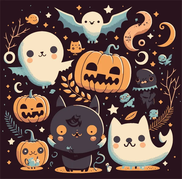 Vector Illustration Cute Cat Character Surrounded Carved Pumpkins Ghosts — Stock Vector