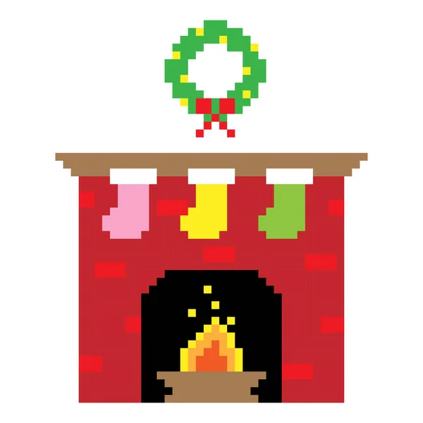 Vector Illustration Pixel Art Christmas Fireplace Isolated White Background — Stock Vector