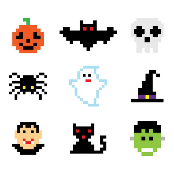 Insieme Vettoriale Icone Pixel Halloween Mostri — Vettoriale Stock
