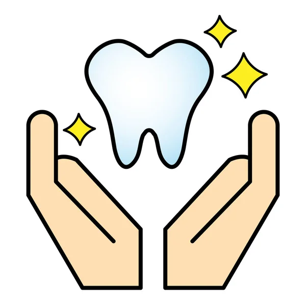 白い背景に歯のアイコンを持つ手のベクトルイラスト 歯科医療の概念 — ストックベクタ
