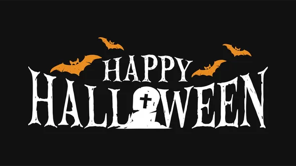 Vettore Testo Happy Halloween Con Pipistrelli Tomba Sfondo Nero — Vettoriale Stock