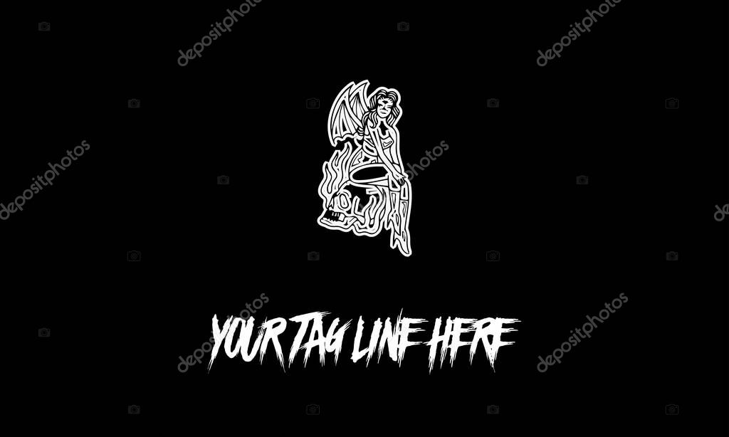 A company or brand logo of a woman satan isolated on a dark gray background with copy space