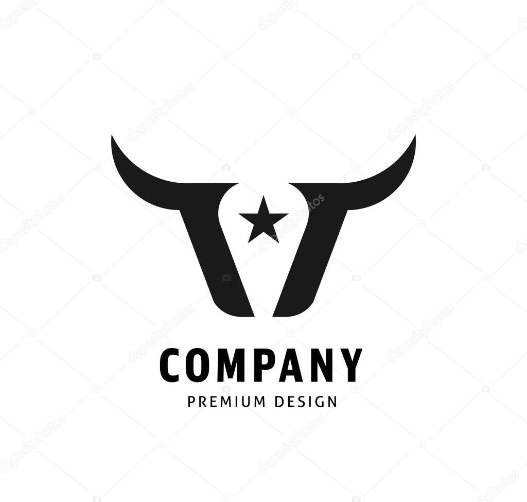 A minimalistic logo design of bull horns and a star isolated on a white background