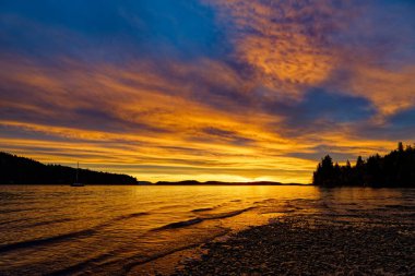 Fulford Limanı, Salt Spring Adası 'ndaki okyanus üzerinde nefes kesici renkli bir günbatımı bulutu.