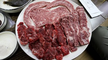 Beyaz tabakta taze çiğ Kore bifteğinin üst görüntüsü.