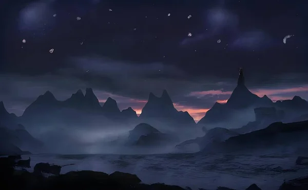 Illustrazione Iper Realistica Fiume Sagome Montagne Con Cielo Tramonto Sullo — Foto Stock