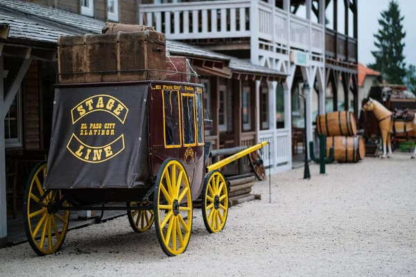 stock image An old horse carriage in the streets of the Wild West village theme park in Zlatibor mountain, Serbia