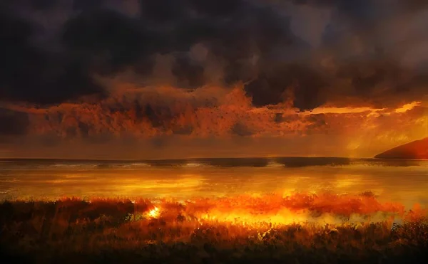 Hyper Realistic Illustration Fantastic Sunset Lake — Stock Photo, Image