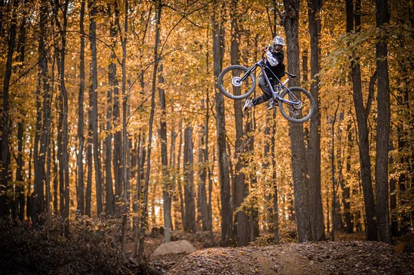 森の中で自転車のトリックをしながら Holeshotpunxパーカーを着てライダーのショット — ストック写真