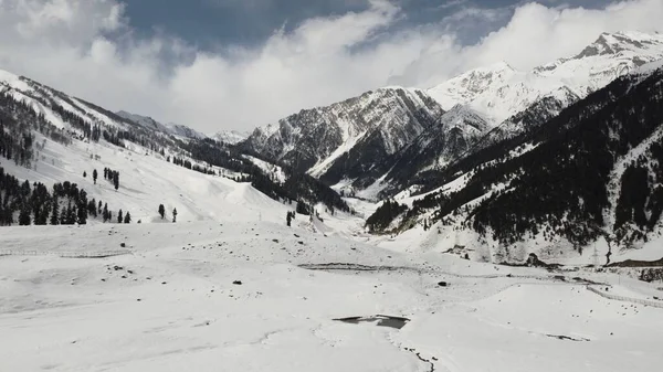 Widok Lotu Ptaka Sonamarg Kaszmirze Indie Lasami Wzgórzami Pokrytymi Śniegiem — Zdjęcie stockowe