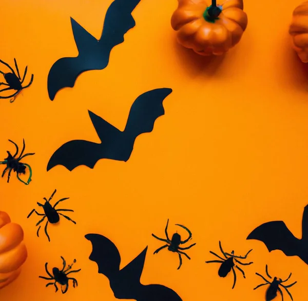 Illustration Eines Halloween Hintergrunds Mit Kürbissen Schwarzen Fledermäusen Und Spinnen — Stockfoto