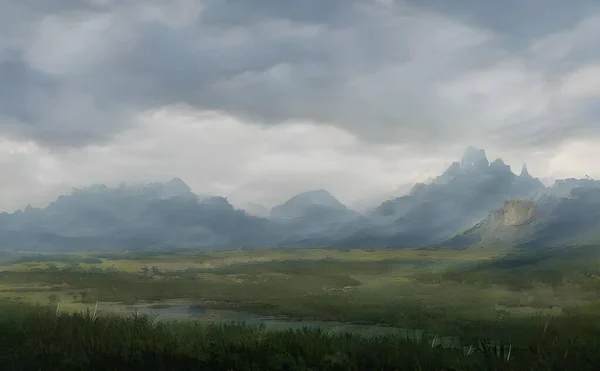 Ілюстрація Природи Високими Горами Напівпустельному Полі Під Хмарним Небом — стокове фото