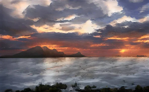 Illustration Seascape Stoney Beach Surrounded Hills Sunset — Stock Photo, Image