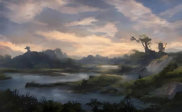 Ilustracja Rzeki Otoczonej Drzewami Zieloną Trawą Pod Błękitnym Niebem — Zdjęcie stockowe