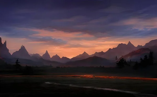Hyper Realistic Illustration Beautiful Colorful Sunset Mountains — Stock Photo, Image