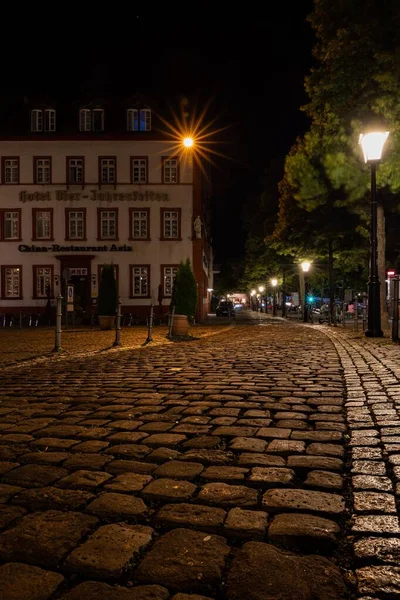 Tiro Vertical Uma Rua Paralelepípedos Iluminada Por Lanternas Heidelberg Alemanha — Fotografia de Stock