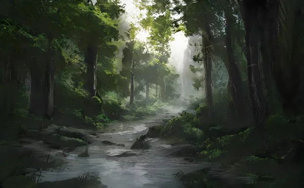 森の中を流れる川の超現実的なイラスト — ストック写真