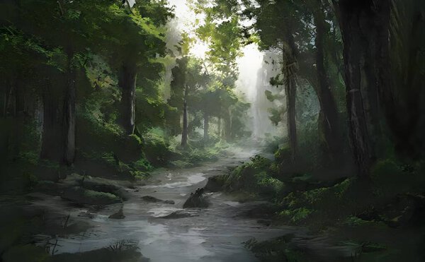 A hyper-realistic illustration of a river flowing through trees in a forest