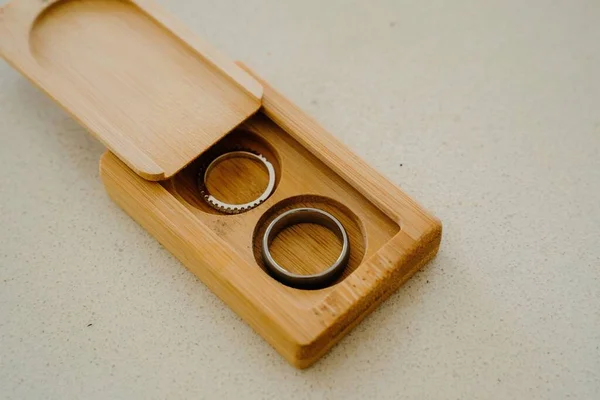 Closeup Shot Silver Wedding Rings Special Wooden Box — Stock Photo, Image