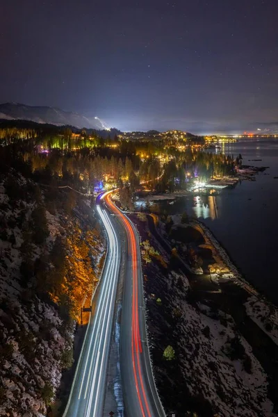 Vertical Shot Lake Tahoe Surrounded Illuminated Roads Buildings Night — Stock Photo, Image