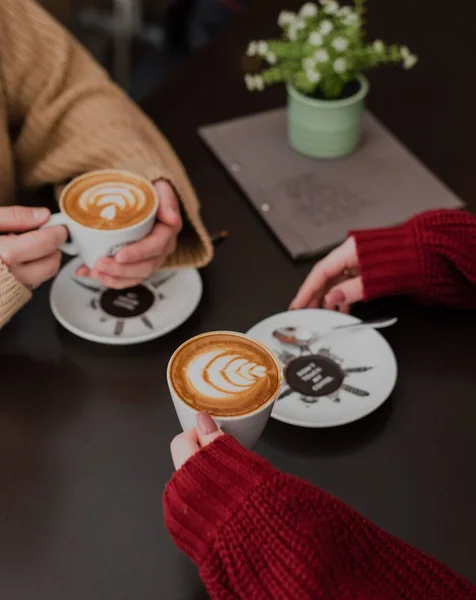 Två Flickor Njuter Cappuccino Kaffe Bar Med Blomkrukor Dekorera Bordet — Stockfoto