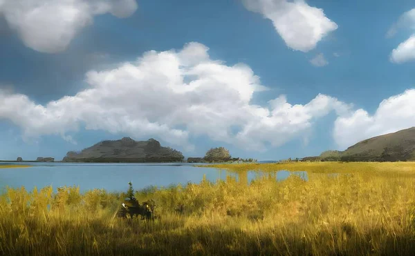 Иллюстрация Природного Пейзажа Озером — стоковое фото