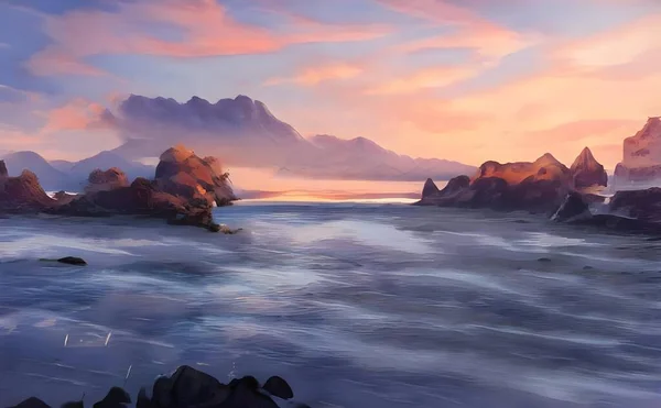 Hyper Realistic Illustrartion Blue Sea Rocky Mountains Sunset Sky Background — Stock Photo, Image