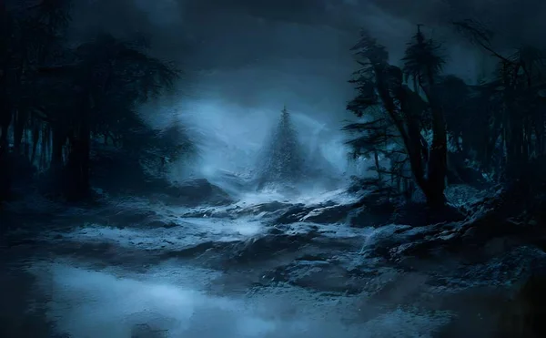 Illustrazione Una Foresta Lunatica Con Pini Terreni Rocciosi Notte — Foto Stock
