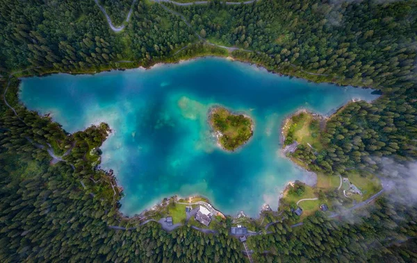 スイスのグリソンズにある鬱蒼とした森に囲まれた絵のように美しいカムセ湖の空中 — ストック写真