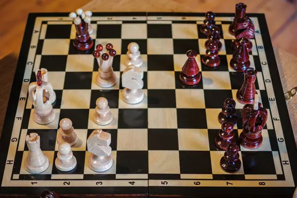 Closeup Chessboard Black White Figures Blurred Background — Stock Photo, Image