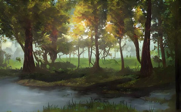 An illustration of a forest with tall trees, green grass and a river, illuminated by sun rays
