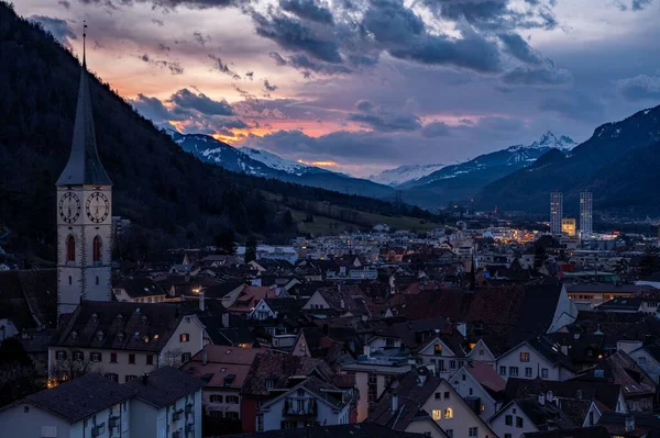 High Angle Shot Cityscape Chur Switzerland Sunset — Stock Photo, Image