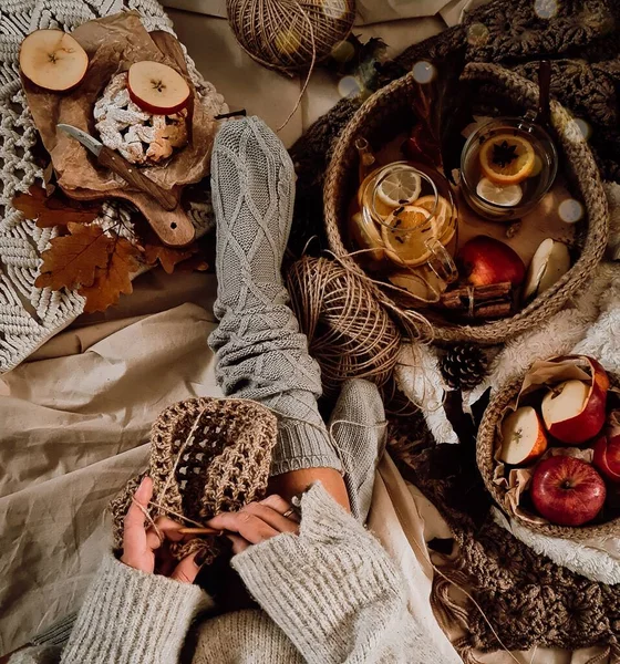 背景にパイと果物で彼女のベッドの上に座って織り女性の垂直上のビュー — ストック写真