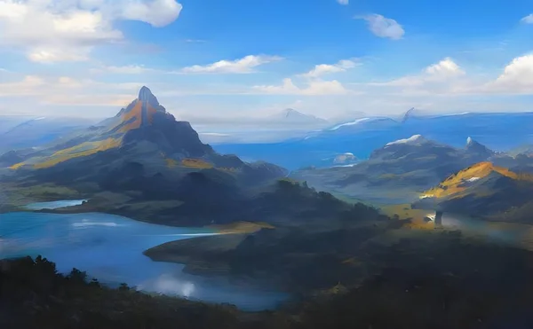 Mavi Gökyüzünün Altında Yüksek Yeşil Dağlarla Çevrili Bir Gölün Doğal — Stok fotoğraf