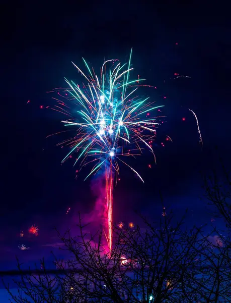 Eine Vertikale Aufnahme Von Aqua Purple Red Feuerwerk Einem Nebligen — Stockfoto