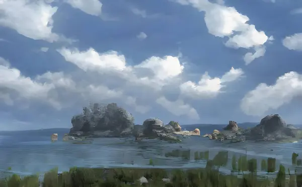 Hiperrealistyczna Ilustracja Wysp Skalnych Zatoce Niebieskim Zachmurzonym Niebem Tle — Zdjęcie stockowe