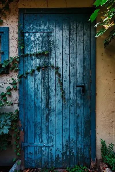 Disparo Vertical Una Vieja Puerta Madera Azul Una Pared Casa —  Fotos de Stock