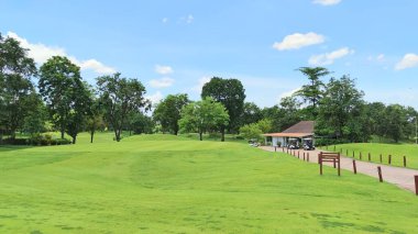 Mavi gökyüzünün altındaki ağaçlarla dolu yeşil bir parkın manzaralı bir görüntüsü.