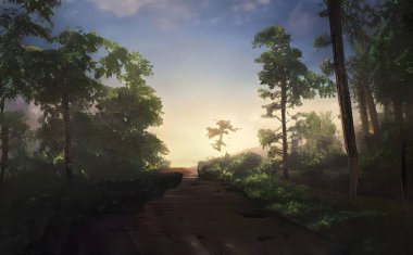 Gün batımında bir ormanın resmi.