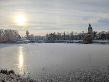 Kış boyunca Almanya 'nın Magdeburg kentindeki Rotehornpark' ta donmuş Adolf-Mittag-See