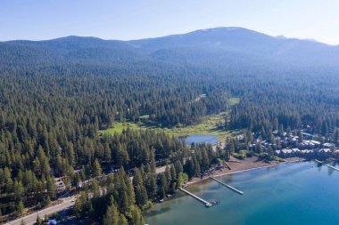 Tahoe Gölü 'nün Amerika' daki yeşil ağaçlarla çekilmiş bir fotoğrafı..