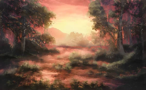 Ilustracja Lasu Wysokimi Zielonymi Drzewami Pod Czerwono Żółtym Niebem — Zdjęcie stockowe