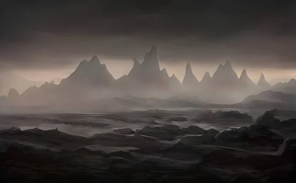 Illustrazione Iper Realistica Del Misterioso Paesaggio Montagne Con Crepuscolo Serale — Foto Stock