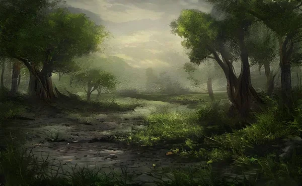 Гіперреалістична Ілюстрація Річки Тече Крізь Дерева Лісі — стокове фото