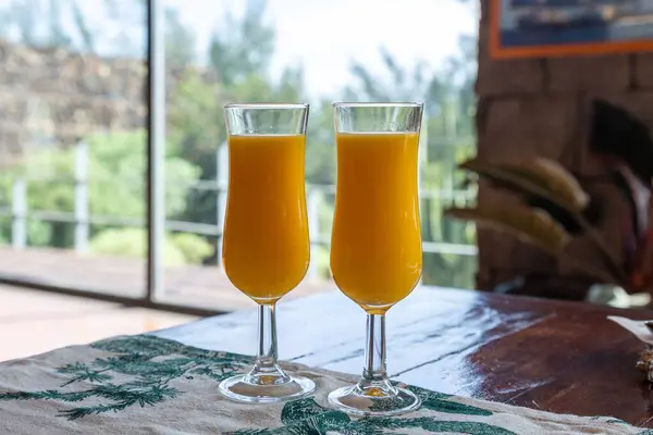 背景に自然と木製のテーブルの上にオレンジジュースがいっぱいの2枚のガラスの水平ショット — ストック写真