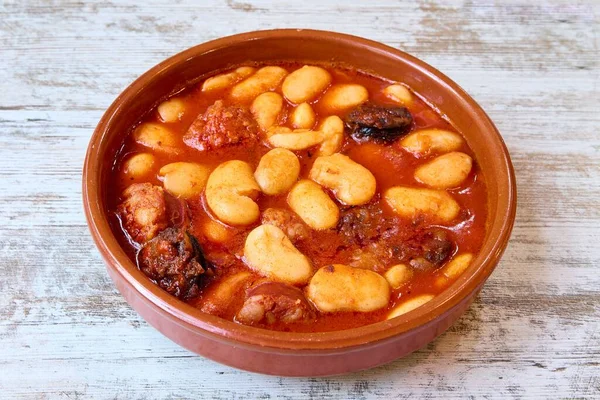 Eine Nahaufnahme Eines Köstlichen Asturischen Bohneneintopfs Fabada — Stockfoto