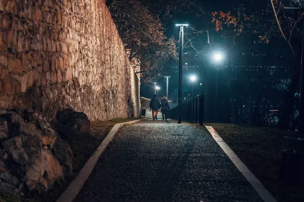 Promenader Natten Bredvid Vägg Bratislava Slovakien — Stockfoto