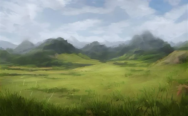 Ilustracja Natury Zielonym Polem Otoczonym Wzgórzami Pod Chmurnym Niebem — Zdjęcie stockowe